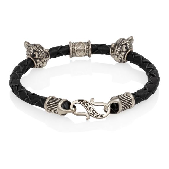 Браслет гайтан черный 5 мм с руной Соулу и двумя шармами Волк Мельхиор, фото 2