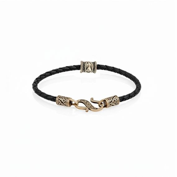 Браслет гайтан из натуральной кожи с руной Альгиз бронза, фото 2