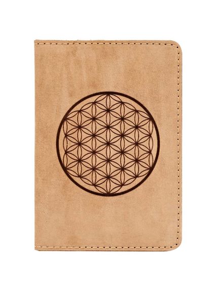 Фото обложка для паспорта Цветок жизни светло коричневый нубук, вид на фасад.