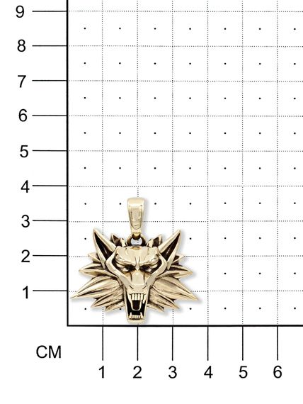 Фото подвески волк медальон из бронзы, вид на размерной сетке.
