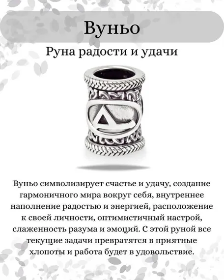 Шарм «Руна Вуньо» из серебра, инфографика с описанием