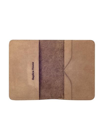 Фотография обложки для паспорта Будда на цветке лотоса в развернутом виде с внутренней стороны без наполнения из кожи коричневого нубука.