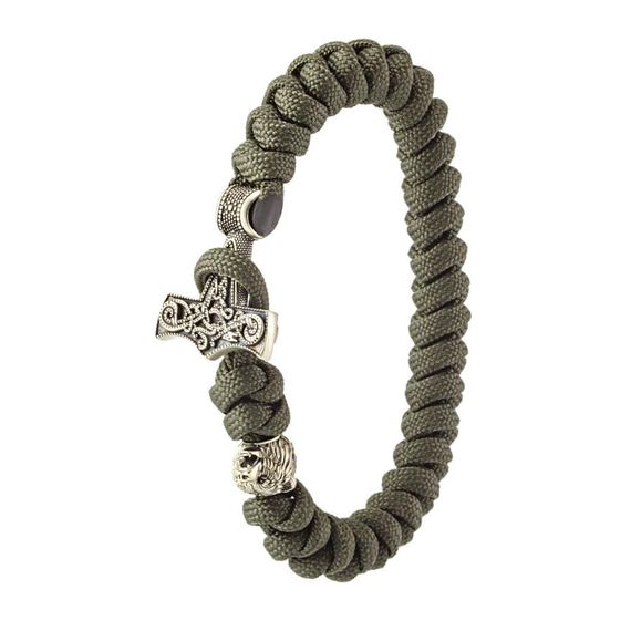 Браслет из оливкового паракорда с молотом Тора Мьёльнир и медведем из мельхиора, фото 5