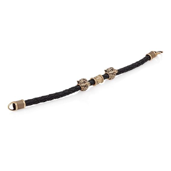 Браслет гайтан черный 5 мм с руной Соулу и двумя шармами Волк Бронза, фото 3