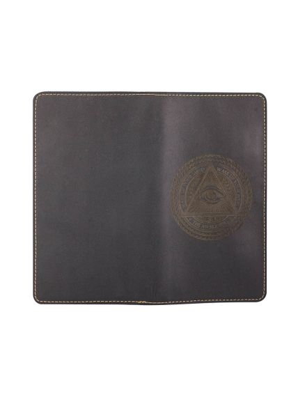 Фото функционального кошелька Всевидящее Око из синей кожи, вид сзади.