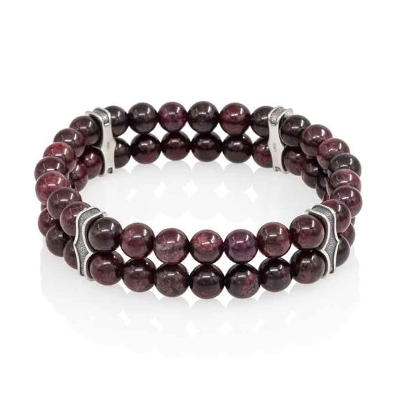 Двойной браслет из граната 6 мм с шармами из серебра, вид 2