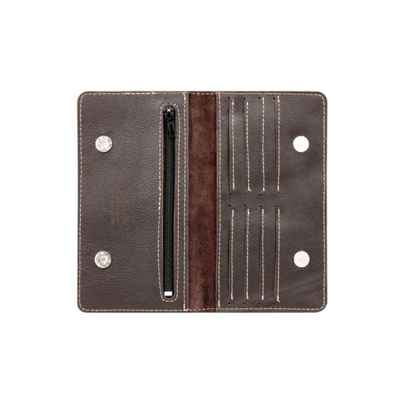 Фото функционального кошелька Карта мира из темно-коричневой кожи, вид внутри, открытый