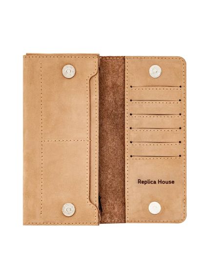 Фото функционального кошелька Цветок жизни из светло-коричневого нубука, развернутый вид без наполнения.