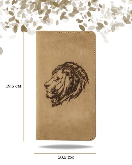 Фото функционального высокого кошелька Лев из светло-коричневой кожи Инфографика Размеры