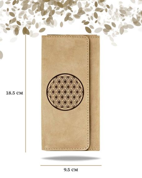 Фото функционального кошелька Цветок жизни из светло-коричневой кожи Инфографика Размеры