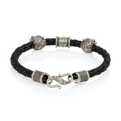 Браслет гайтан черный 5 мм с руной Альгиз и двумя шармами Медведь Мельхиор