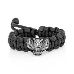 Браслет из чёрного паракорда с шармом Сова из серебра 925