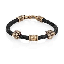 Браслет гайтан черный 5 мм с руной Соулу и двумя шармами Волк Бронза
