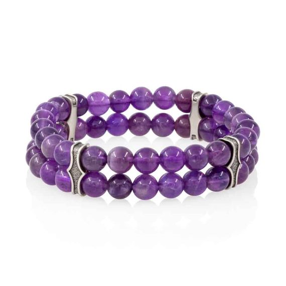 Браслет двойной из натуральных камней аметиста 6 мм с шармами из мельхиора, фото 2