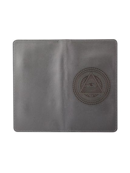 Фото функционального кошелька Всевидящее Око из серой кожи, вид сзади.