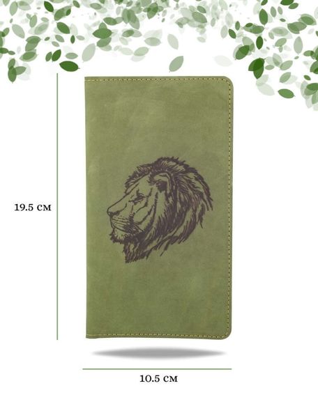 Фото функционального высокого кошелька Лев из зеленой кожи Инфографика Размеры