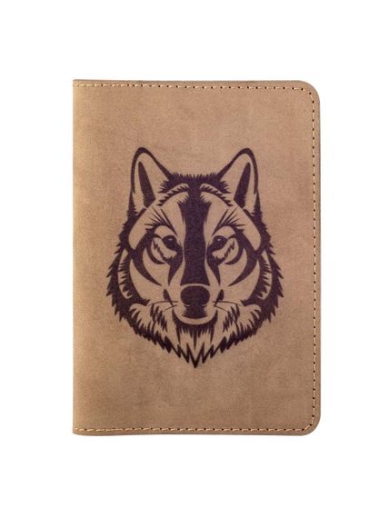 Фото обложка для паспорта Волк коричневый нубук, вид с фасада.