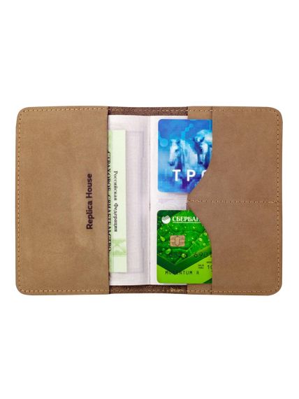 Изображение обложки для паспорта Будда на цветке лотоса в развернутом виде с внутренней стороны с наполнением из кожи коричневого нубука.