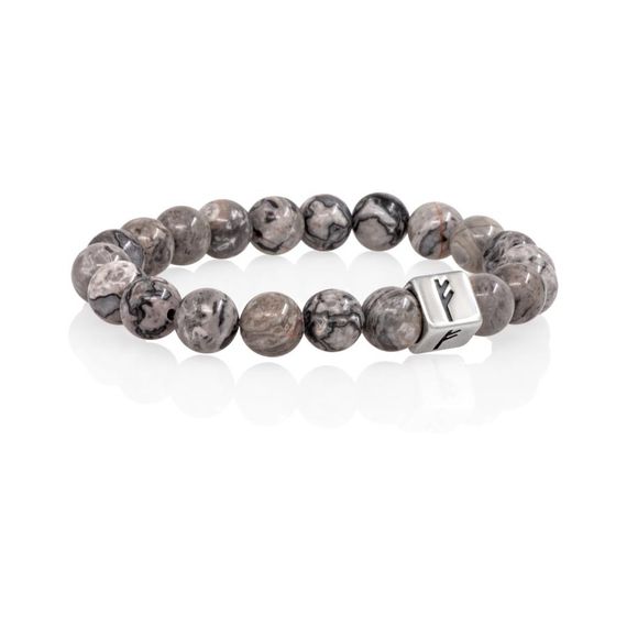 Браслет Достаток и сила из натуральной серой яшмы с руной Феху в форме куба из серебра 925, вид 2