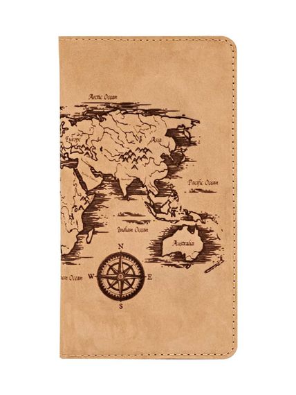 Фото функционального кошелька Карта мира из светло-коричневого нубука, вид фасад.