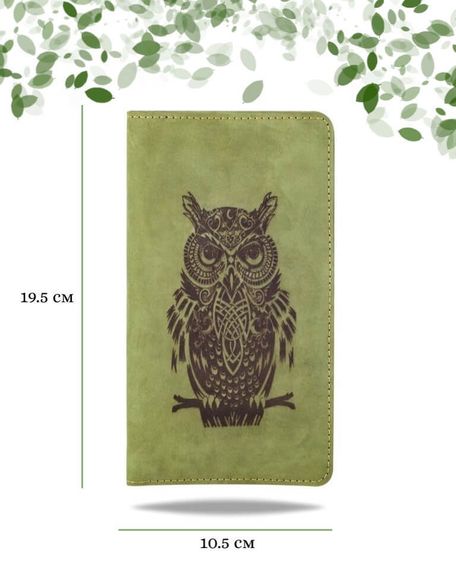 Фото функционального высокого кошелька Сова из зеленой кожи Инфографика Размеры