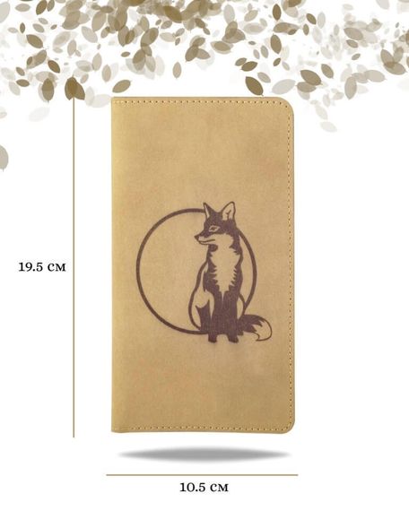 Фото функционального высокого кошелька Лиса из светло-коричневой кожи Инфографика Размеры