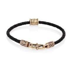 Браслет гайтан черный 3 мм с руной Феху Бронза