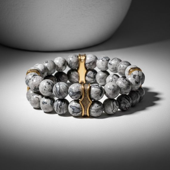 Двойной браслет из натуральных камней яшмы серой 8 мм с шармами из бронзы, живое фото