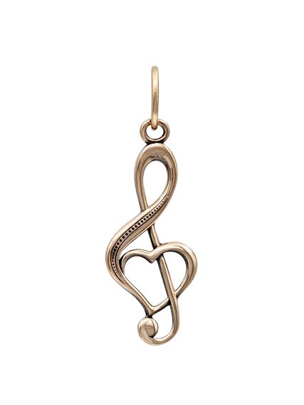 Подвеска Сердце Скрипичный ключ из бронзы, фото анфас на белом фоне