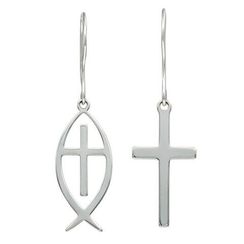 Ихтис и Крест католический - серьги из серебра 925 пробы