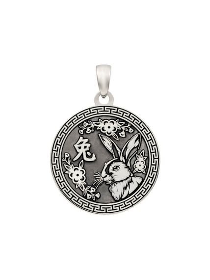 Китайский знак зодиака Кролик подвеска из серебра 925 пробы, вид спереди