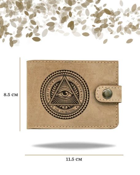Фото функционального портмоне Всевидящее Око из светло-коричневой кожи коала Инфографика Размеры