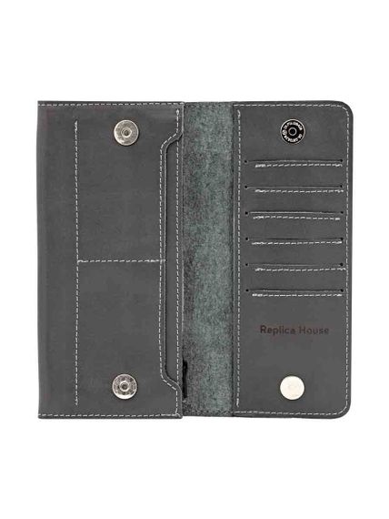 Фото функционального кошелька Классический из серой кожи, развернутый вид без наполнения.