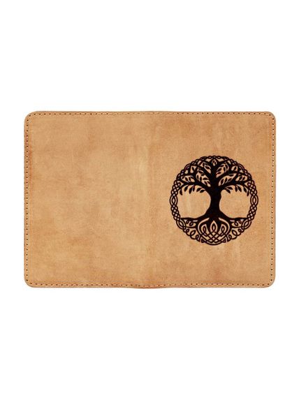 Фото обложка для паспорта Древо жизни из светло коричневого нубука в развернутом виде.