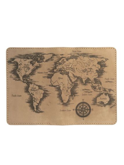 Фото обложка для паспорта в виде карты из нубука светло-коричневого цвета, вид развернуто.