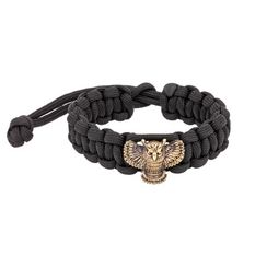 Браслет с шармом Сова из бронзы - чёрный паракорд