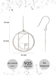 Серьги Золотое сечение Фибоначчи в круге из серебра