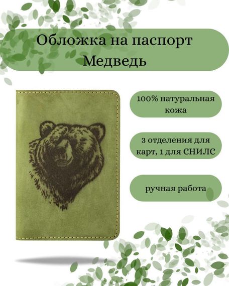 Обложка на паспорт Медведь зеленого цвета, фото с инфографикой