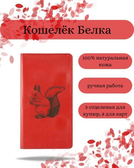 Фото функционального кошелька Белка из красной кожи хитрый лис Инфографика