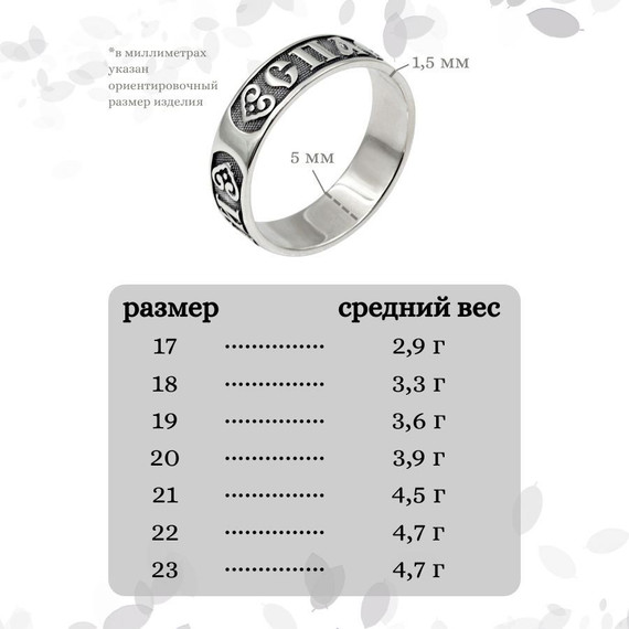 Кольцо Спаси и сохрани из серебра, вес и размеры