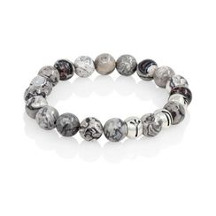 Браслет Защита и сила из натуральной серой яшмы с рунами Альгиз, Уруз и Тейваз из серебра 925