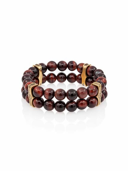 Браслет двойной из бычьего глаза 8 мм с шармом Всевидящее око из бронзы, вид сбоку