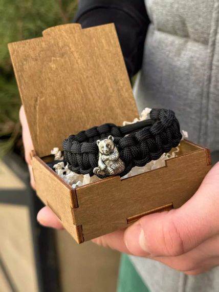 Браслет Баланс из паракорда с шармом Панда из мельхиора, живое фото с фирменной коробочкой