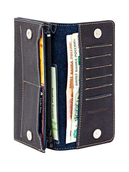 Фото функционального кошелька Классический из синей кожи, развернутый вид с наполнением.