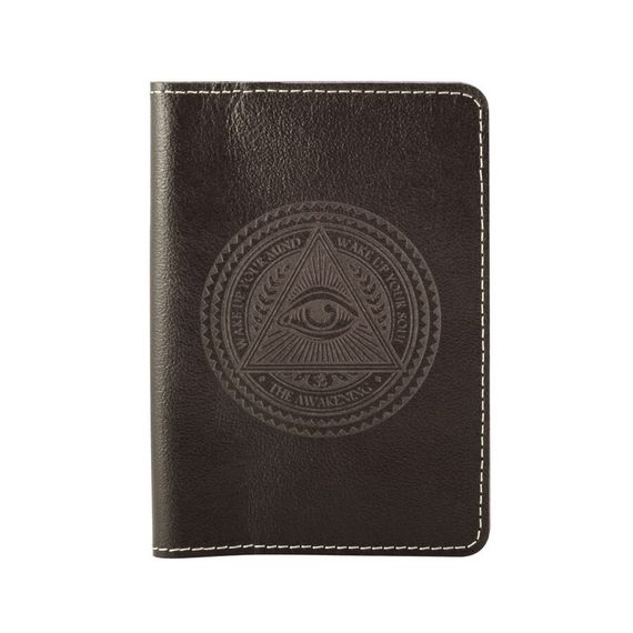 Обложка из натуральной, гладкой кожи темно коричневого цвета с гравировкой всевидящее око на белом фоне.