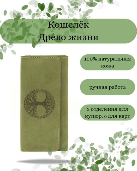 Фото функционального кошелька Древо жизни из зеленой кожи Инфографика