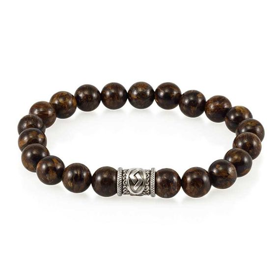 Фото браслета из натурального бронзита с серебряной руной Йера вид сверху.