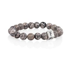 Браслет Достаток и сила из натуральной серой яшмы с руной Феху в форме куба из серебра 925
