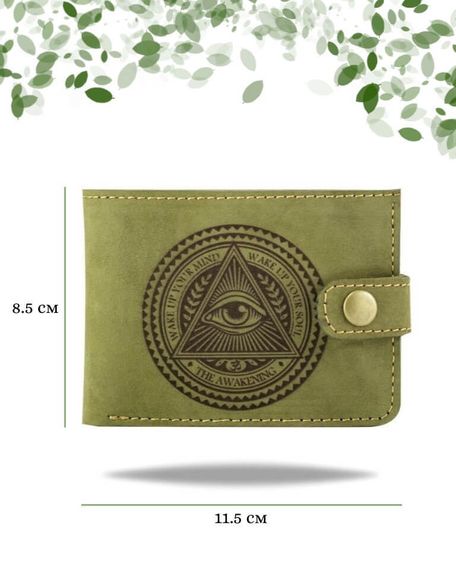 Фото функционального портмоне Всевидящее Око из зеленой кожи коала Инфографика Размеры