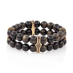 Браслет двойной из натуральных камней обсидиана 8 мм с шармами из бронзы